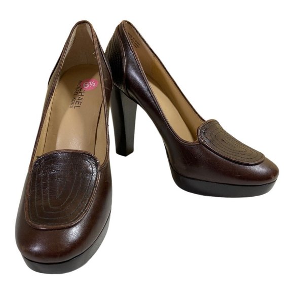 Michael Kors Brown Leather Round Toe Platform Chunky Heels Pumps 6.5M - Picture 2 of 10